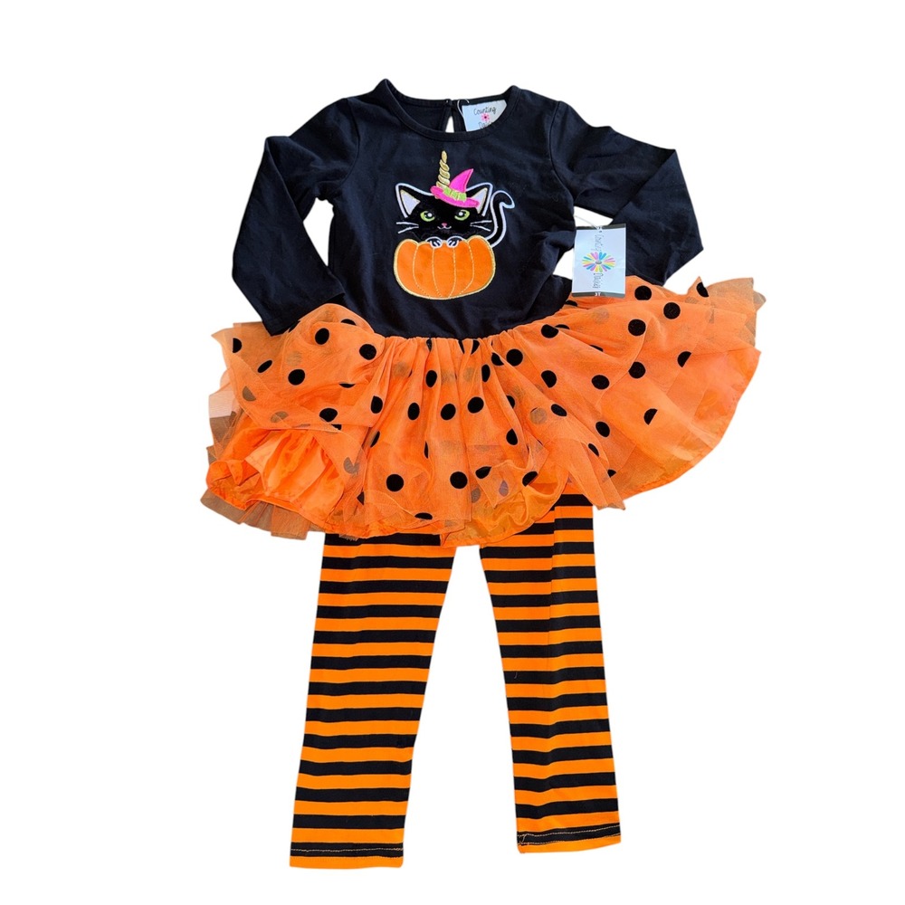 Counting Daisies Toddler Girls Halloween Cat Pumpkin Tutu Set Orange Black 3T